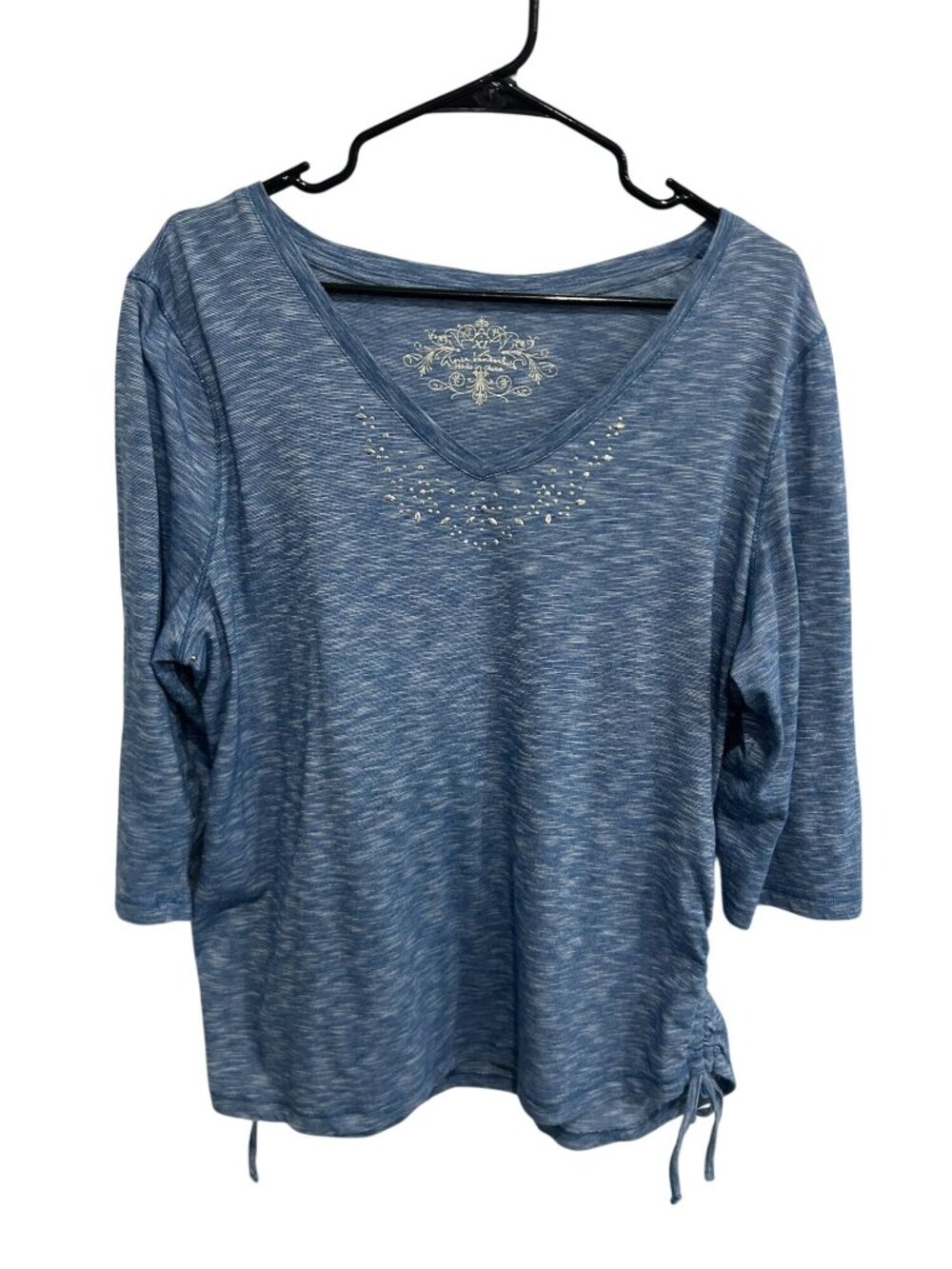Gloria Vanderbilt XL Blue V-Neck 3/4 Sleeve Rhinestone Drawstring Top Y2K